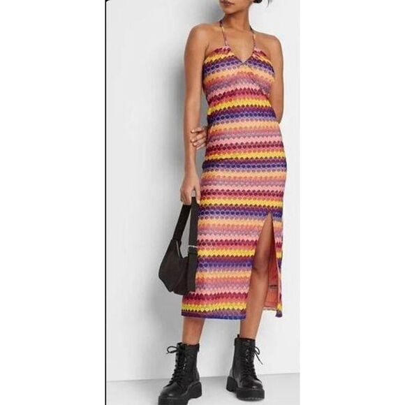 Wild Fable Womens‎  Crochet Lace Halter Dress Lined Slit Midi Multicolor Small - Picture 3 of 10